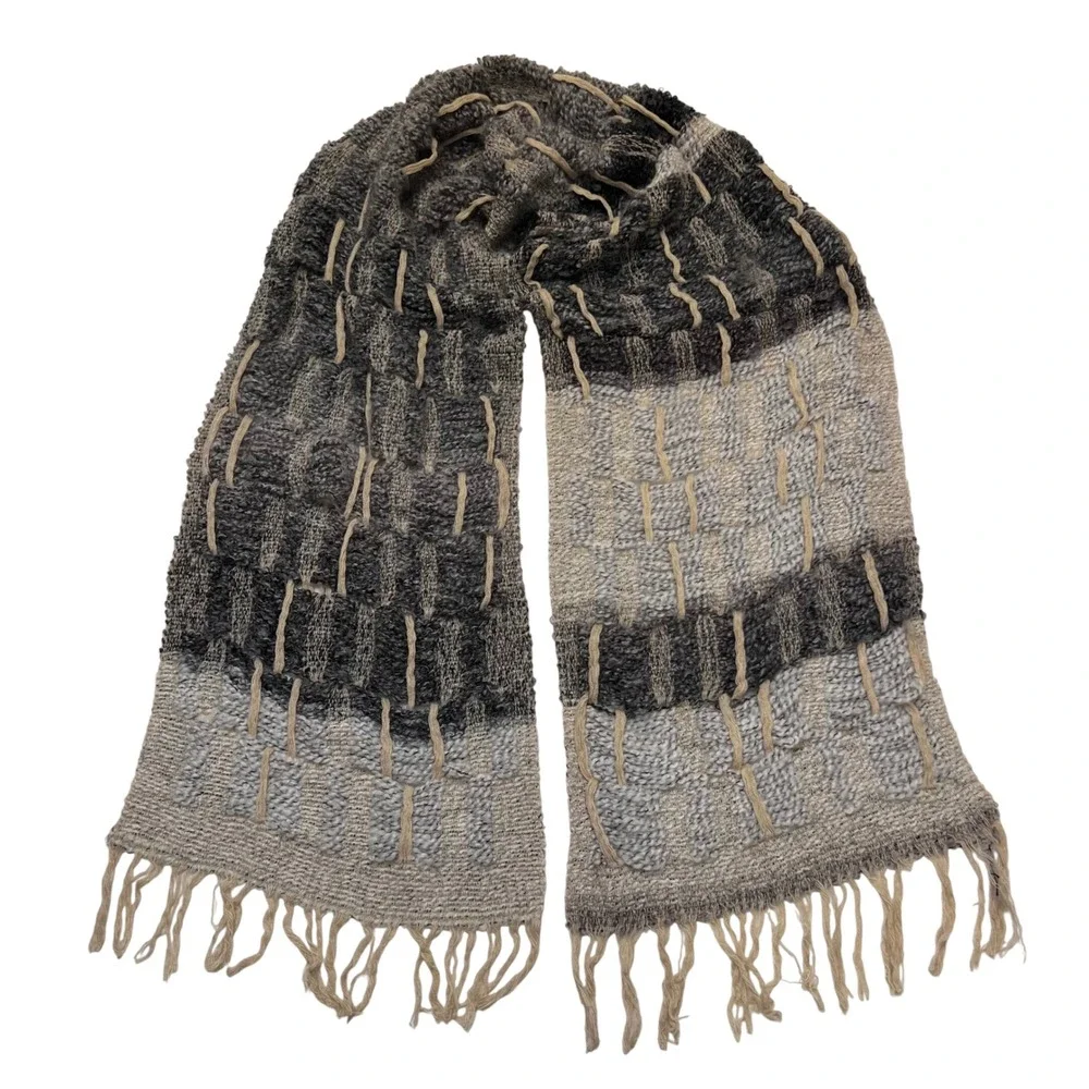 Manifattura Almar Gray Black Made in Italy Wool Blend Textured Knit Fringe Scarf